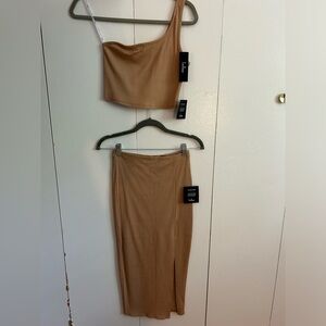 Lulu's Tan Ribbed One-Shoulder Two-Piece Midi Skirt Set
